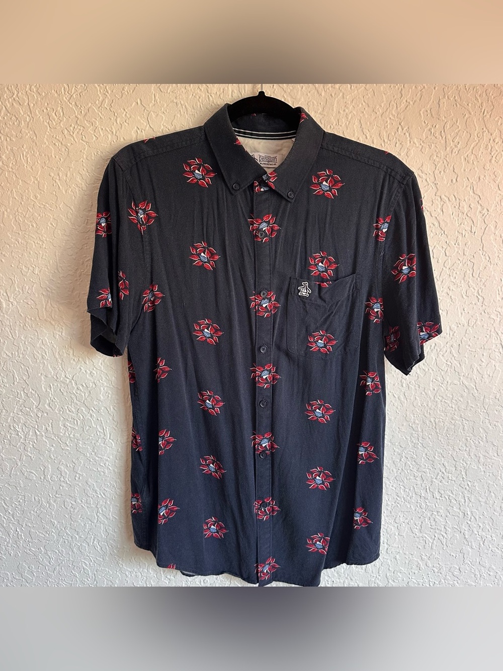 Original Penguin Men's EcoVero Leaf Print Short Sleeve Button Shirt Navy Small